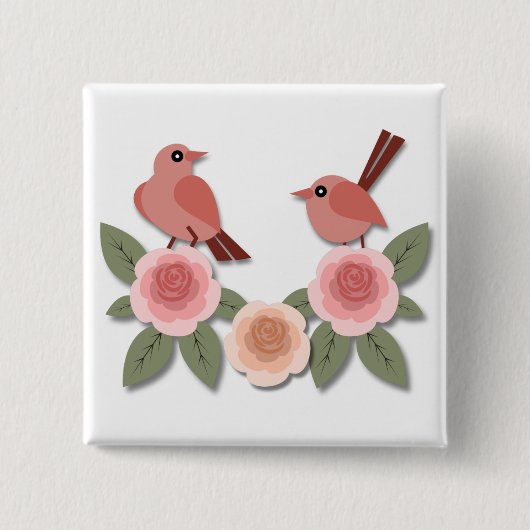 かわいいピンクの愛鳥と花のバラ 缶バッジ (正面)