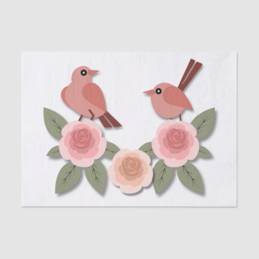 かわいいピンクの愛鳥と花のバラ 薄葉紙 (正面)