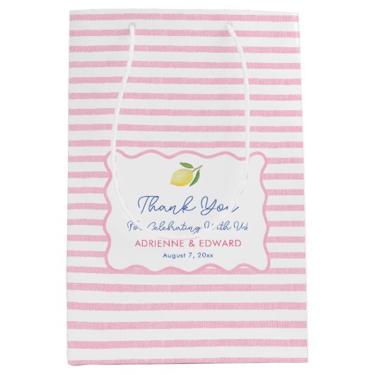 かわいいピンクの手描きレモン結婚式感謝カード ミディアムペーパーバッグ (正面)