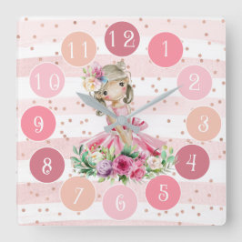 かわいいピンクの時計と水彩のリトルバレリーナ  スクエア壁時計
