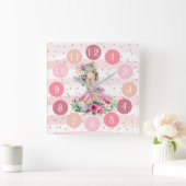 かわいいピンクの時計と水彩のリトルバレリーナ スクエア壁時計 (ホーム)