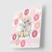 かわいいピンクの時計と水彩ベビー一角 スクエア壁時計 (傾斜)