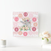 かわいいピンクの時計と水彩ベビー一角 スクエア壁時計 (ホーム)