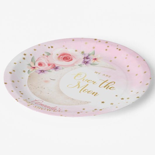 かわいいピンクの月の上に金ゴールド星ベビーシャワー ペーパープレート (アングル)