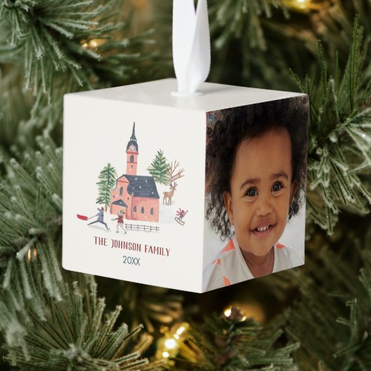 かわいいピンクの村のクリスマス写真 キューブオーナメント (ツリー)