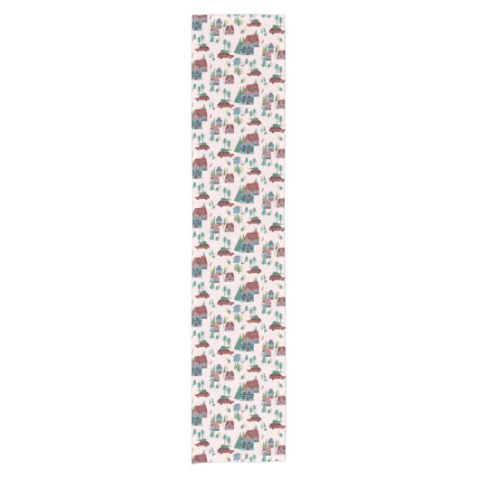 かわいいピンクの村のパターンクリスマス ショートテーブルランナー (正面)