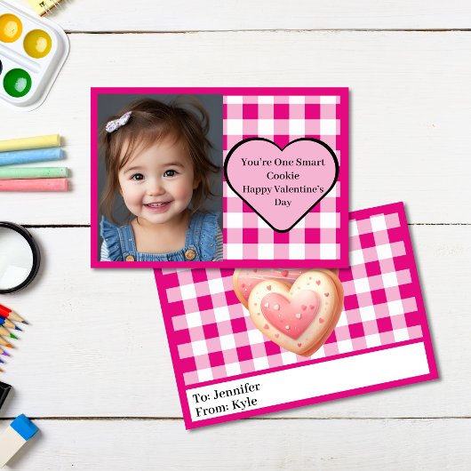 かわいいピンクの格子模様の写真教室バレンタイン カード