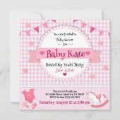 かわいいピンクの格子模様ベビーガールシャワーパーティの招待状 招待状 (正面)