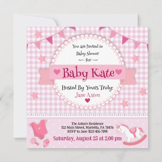 かわいいピンクの格子模様ベビーガールシャワーパーティの招待状 招待状 (正面)
