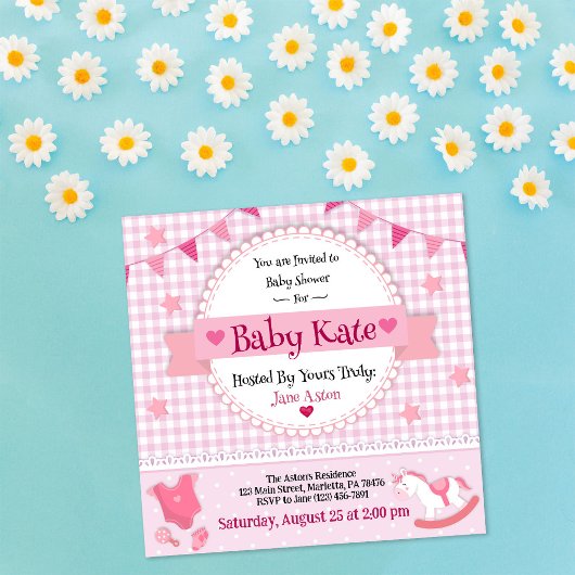 かわいいピンクの格子模様ベビーガールシャワーパーティの招待状 招待状