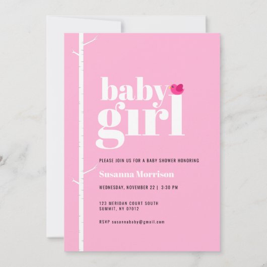 かわいいピンクの森の赤ちゃん女の子シャワー 招待状 (裏面)