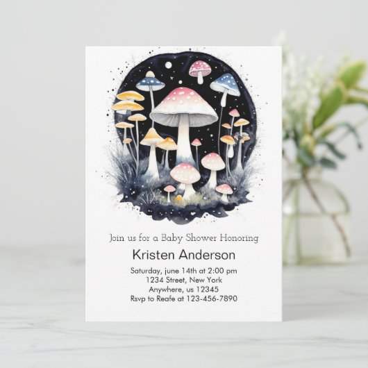 かわいいピンクの森の魔法キノコ女の子の赤ちゃんシャワー 招待状 (スタンド正面)