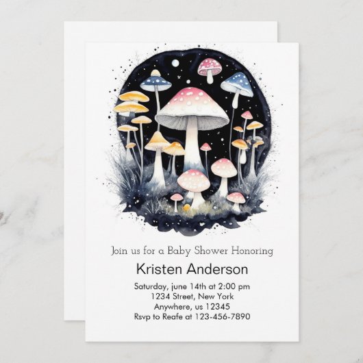 かわいいピンクの森の魔法キノコ女の子の赤ちゃんシャワー 招待状 (正面/裏面)
