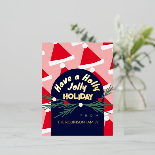 かわいいピンクの楽しいホリデー クリスマスグリーティング 箔シーズンポストカード (立ち正面)