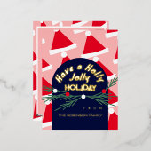 かわいいピンクの楽しいホリデー クリスマスグリーティング 箔シーズンポストカード (正面/裏面)