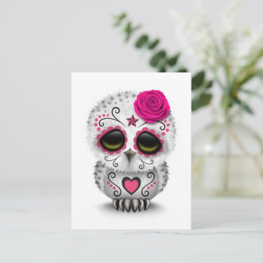 かわいいピンクの死んだ砂糖の日スカルフクロウ白 ポストカード (スタンド正面)