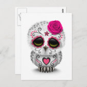 かわいいピンクの死んだ砂糖の日スカルフクロウ白 ポストカード (正面/裏面)