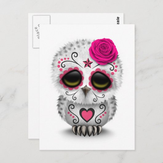 かわいいピンクの死んだ砂糖の日スカルフクロウ白 ポストカード (正面/裏面)