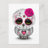 かわいいピンクの死んだ砂糖の日スカルフクロウ白 ポストカード (正面)