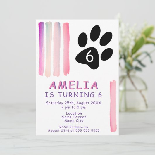 かわいいピンクの水の色のストローク子供の誕生日パーティー 招待状 (スタンド正面)