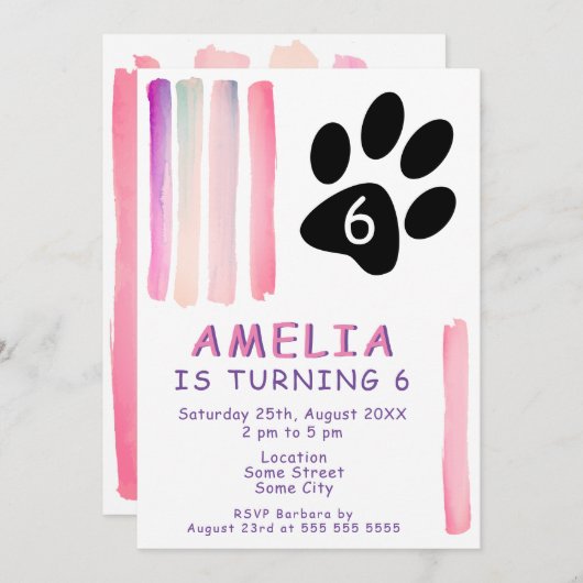 かわいいピンクの水の色のストローク子供の誕生日パーティー 招待状 (正面/裏面)