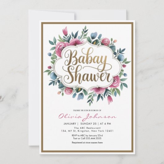 かわいいピンクの水の色の花のベビーシャワー 招待状 (正面)