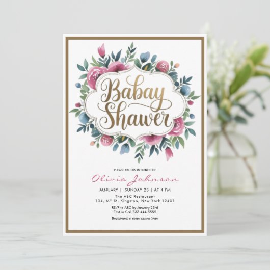 かわいいピンクの水の色の花のベビーシャワー 招待状 (スタンド正面)