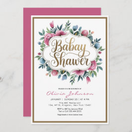 かわいいピンクの水の色の花のベビーシャワー 招待状