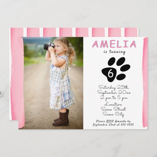 かわいいピンクの水彩の足の写真誕生パーティー 招待状 (正面/裏面)