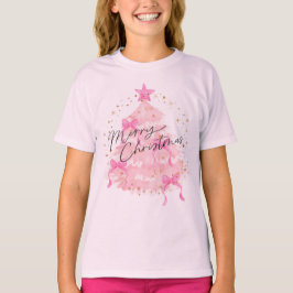 かわいいピンクの水彩クリスマスツリーの女の子のホリデー Tシャツ