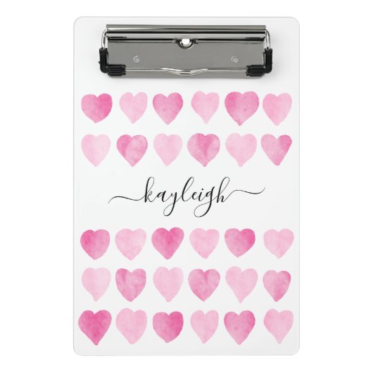 かわいいピンクの水彩ハート ミニクリップボード (正面)