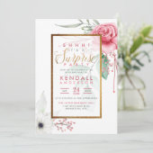 かわいいピンクの水彩バラフローラ驚きパーティー 招待状 (スタンド正面)