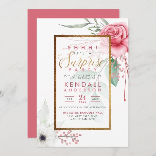 かわいいピンクの水彩バラフローラ驚きパーティー 招待状 (正面/裏面)