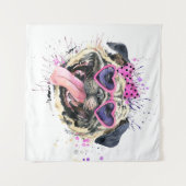 かわいいピンクの水彩パグ タペストリー (正面(横))