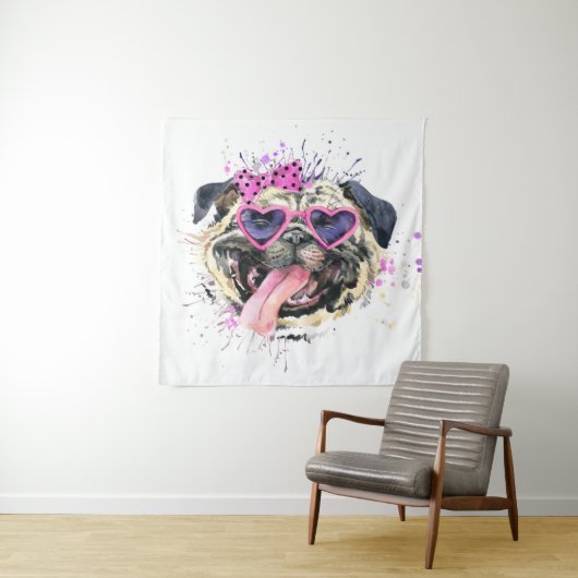 かわいいピンクの水彩パグ タペストリー (インサイチュ)