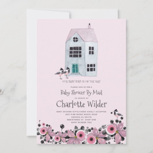 かわいいピンクの水彩ベイビーガールシャワー郵送 招待状 (正面)