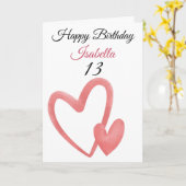 かわいいピンクの水彩二重ハート13誕生日 カード (黄色い花)