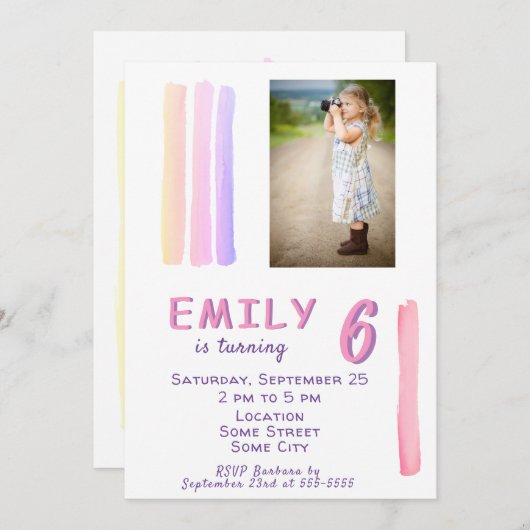 かわいいピンクの水彩写真ガーリー誕生日パーティー 招待状 (正面/裏面)