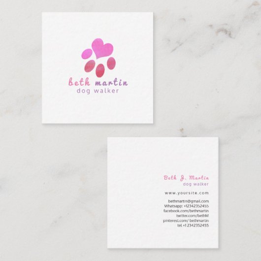 かわいいピンクの水彩動物のペットの足 スクエア名刺 (正面/裏面)