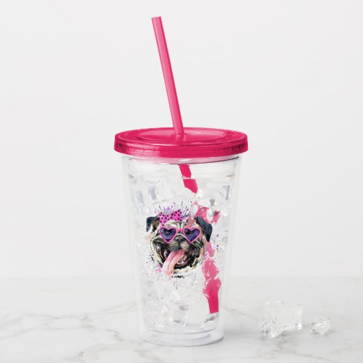 かわいいピンクの水彩画のパグ アクリルタンブラー (アイス正面)