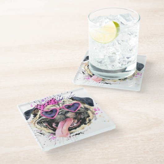 かわいいピンクの水彩画のパグ ガラスコースター (アングル)