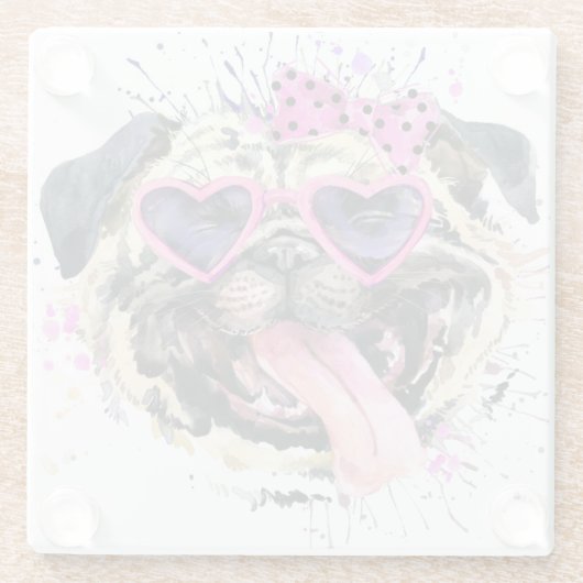 かわいいピンクの水彩画のパグ ガラスコースター (裏面)