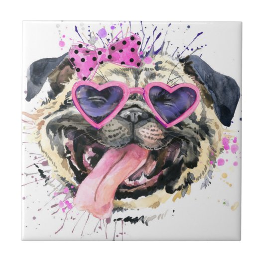 かわいいピンクの水彩画のパグ タイル (正面)