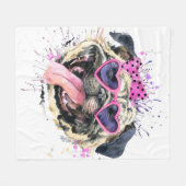 かわいいピンクの水彩画のパグ フリースブランケット (正面(横))