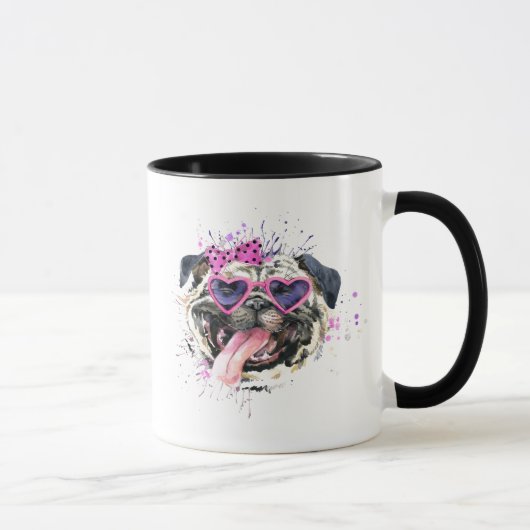 かわいいピンクの水彩画のパグ マグカップ (右)