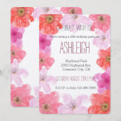 かわいいピンクの水彩花の誕生日 招待状 (正面/裏面)