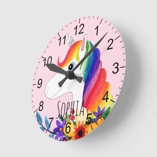 かわいいピンクの水彩花ユニコーン子供たち ラウンド壁時計 (傾斜)