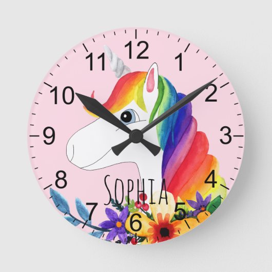 かわいいピンクの水彩花ユニコーン子供たち ラウンド壁時計 (正面)