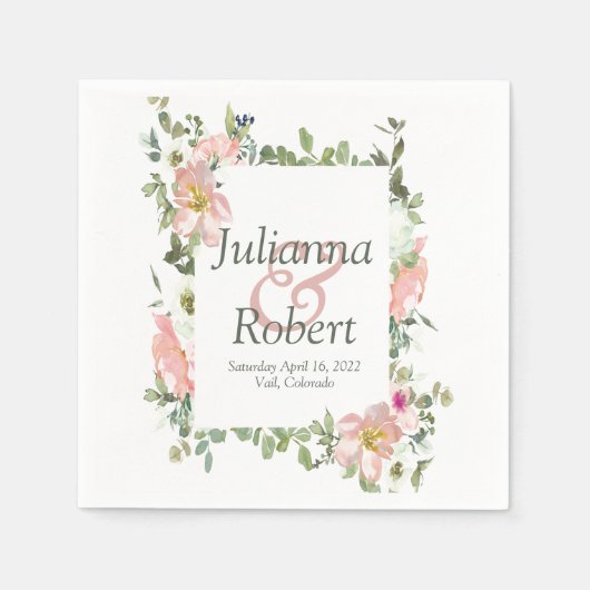 かわいいピンクの水彩花模様のナプキン スタンダードカクテルナプキン (正面)