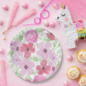 かわいいピンクの水彩花 ペーパープレート (パーティー)